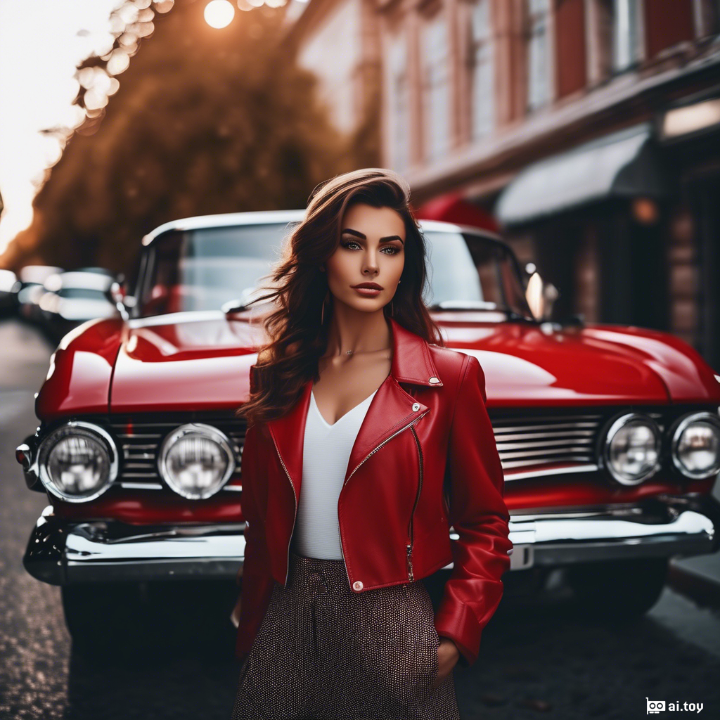 cinematic photo of a beautiful woman stand in front of a red vintage car in a street avenue, 35mm photograph, film, bokeh, professional, 4k, highly detailed