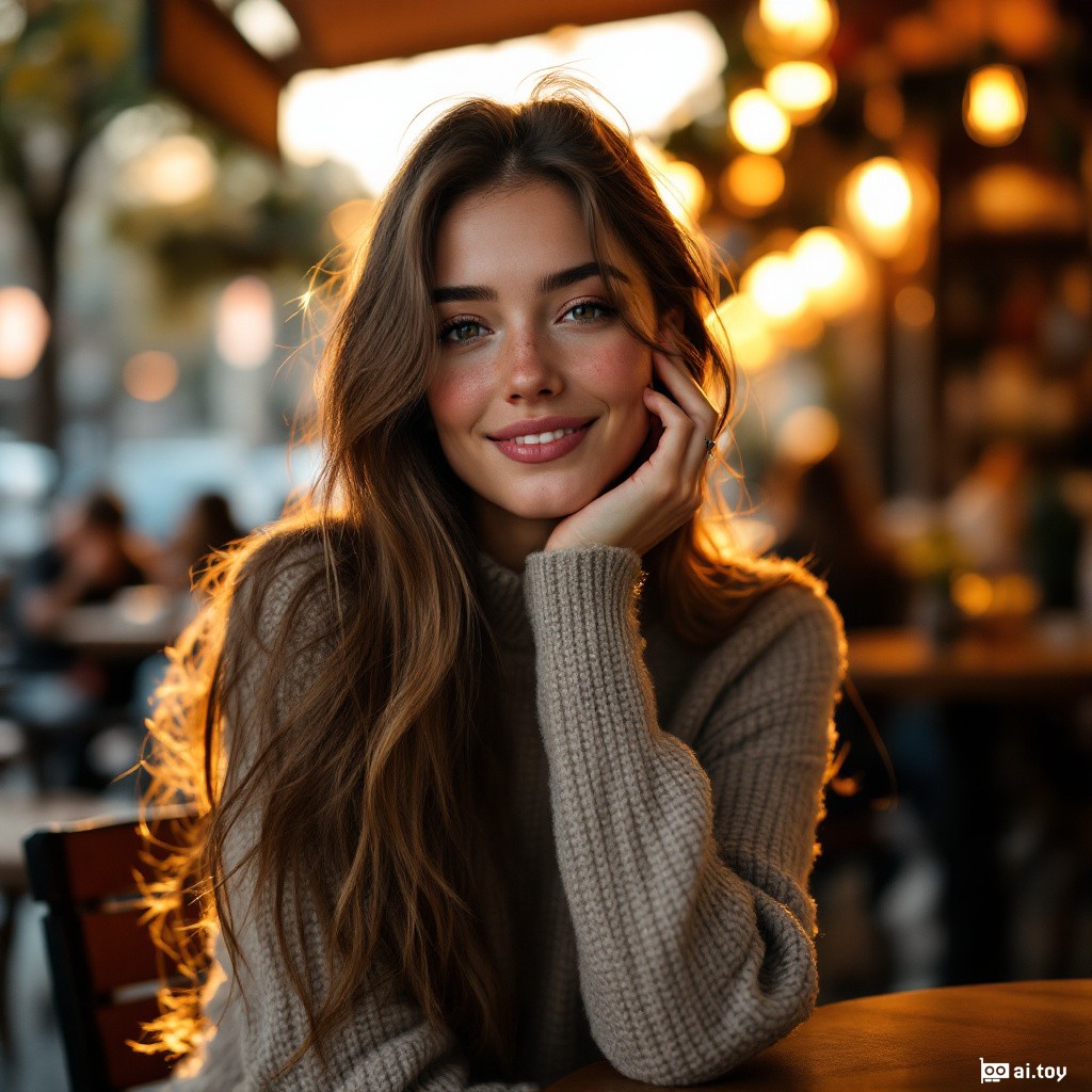 Hyper-realistic portrait of a young woman with light freckles, long straight brown hair, natural makeup, wearing a cozy sweater, sitting at an outdoor cafe table, warm sunset lighting, 85mm lens, shallow depth of field, soft cinematic look
