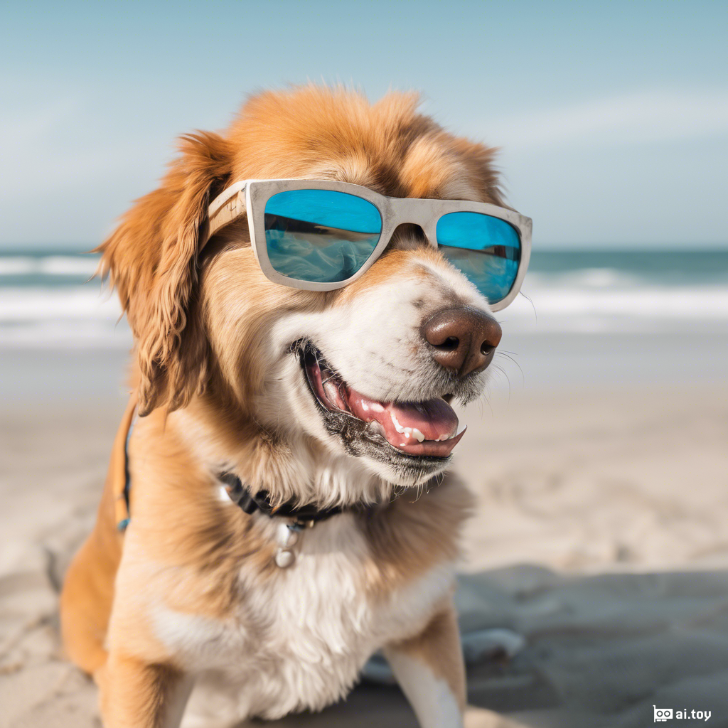 A dog wearing sunglasses at the beach