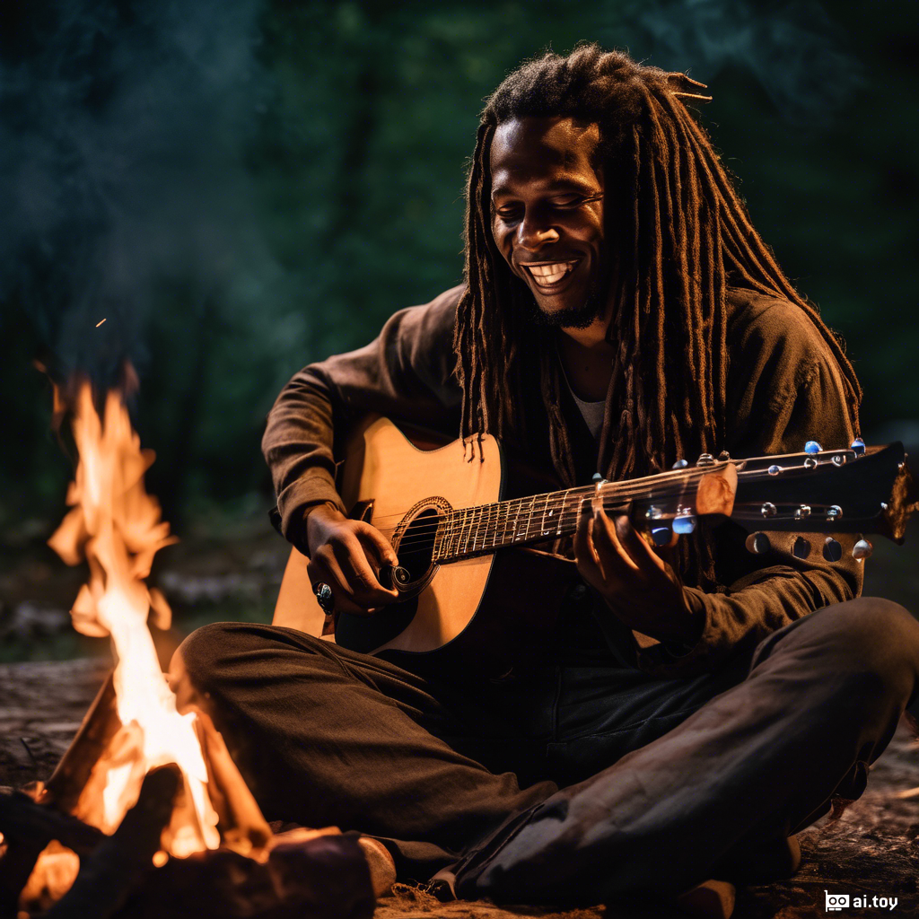 A man with long dreadlocks playing an acoustic guitar sitting by a campfire