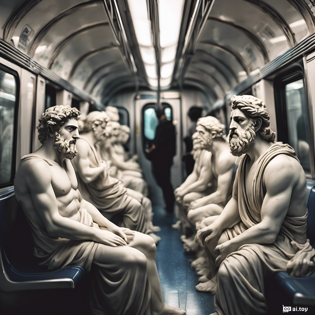 Greek marble statues sitting in a very crowded subway train during rush hour, commuting, confused expressions. exquisite details, photo taken on Hasselblad, creative photoshoot, unreal render 8k