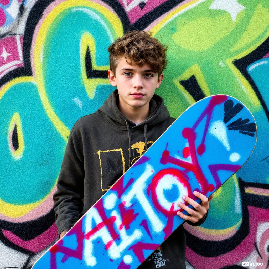 IMG_3485.JPG a teenage skater boy holding a spray-painted board that says "AI TOY", colorful graffiti wall in the background