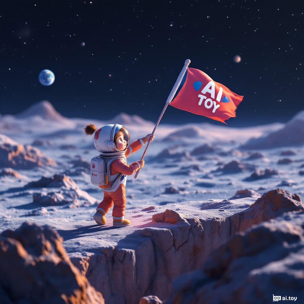 An animated 3D scene of a little girl in a colorful space suit, standing on the edge of a small cliff on the Moon, gazing at Earth in the distance. She is waving an "AI TOY" flag excitedly. Dreamy soft lighting, ultra-detailed textures on the space suit, cinematic wide-angle shot, Pixar/Disney style animation, magical and inspiring atmosphere