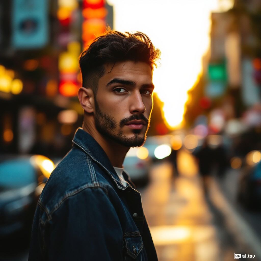 Ultra-realistic full-body photo of a young man with short black hair, stubble beard, casual denim jacket, standing on a busy city street at sunset, golden hour light, cinematic atmosphere, captured with a 35mm lens, sharp focus, dynamic background blur
