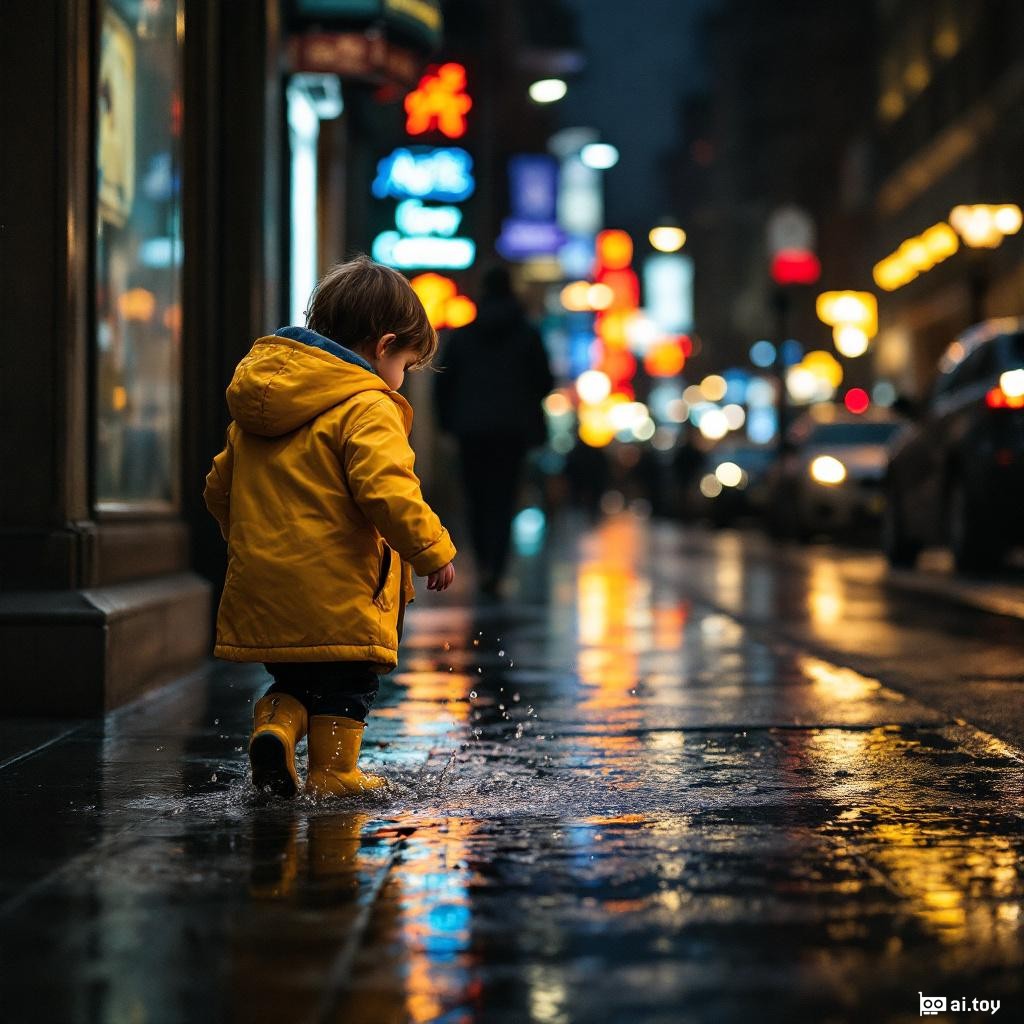 "DSC_8901.CR2 a child in rain boots and a yellow raincoat splashing through puddles on a city sidewalk, reflections of neon lights on wet pavement, candid street photography style"