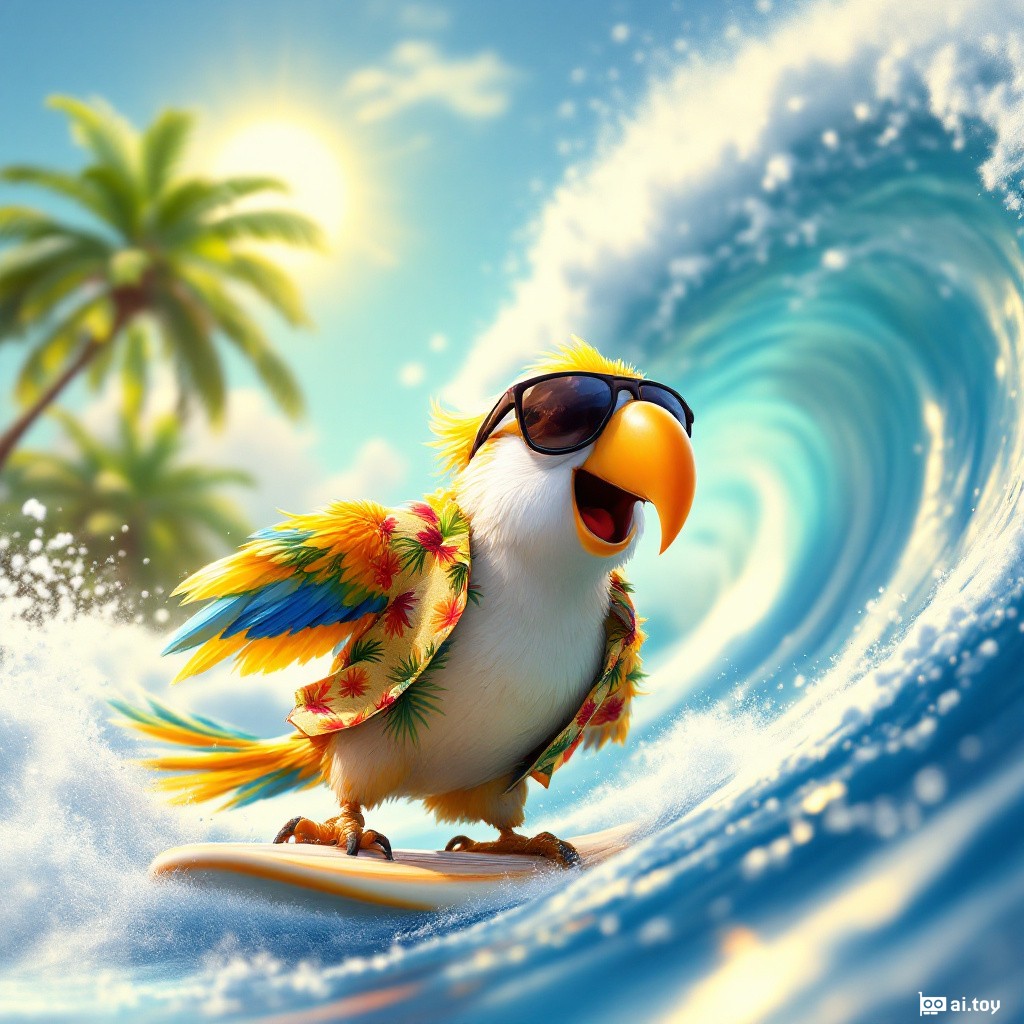 A cheerful parrot wearing sunglasses and a Hawaiian shirt, surfing a big wave under a bright sunny sky, Disney Pixar animation style, vibrant tropical colors, playful and energetic