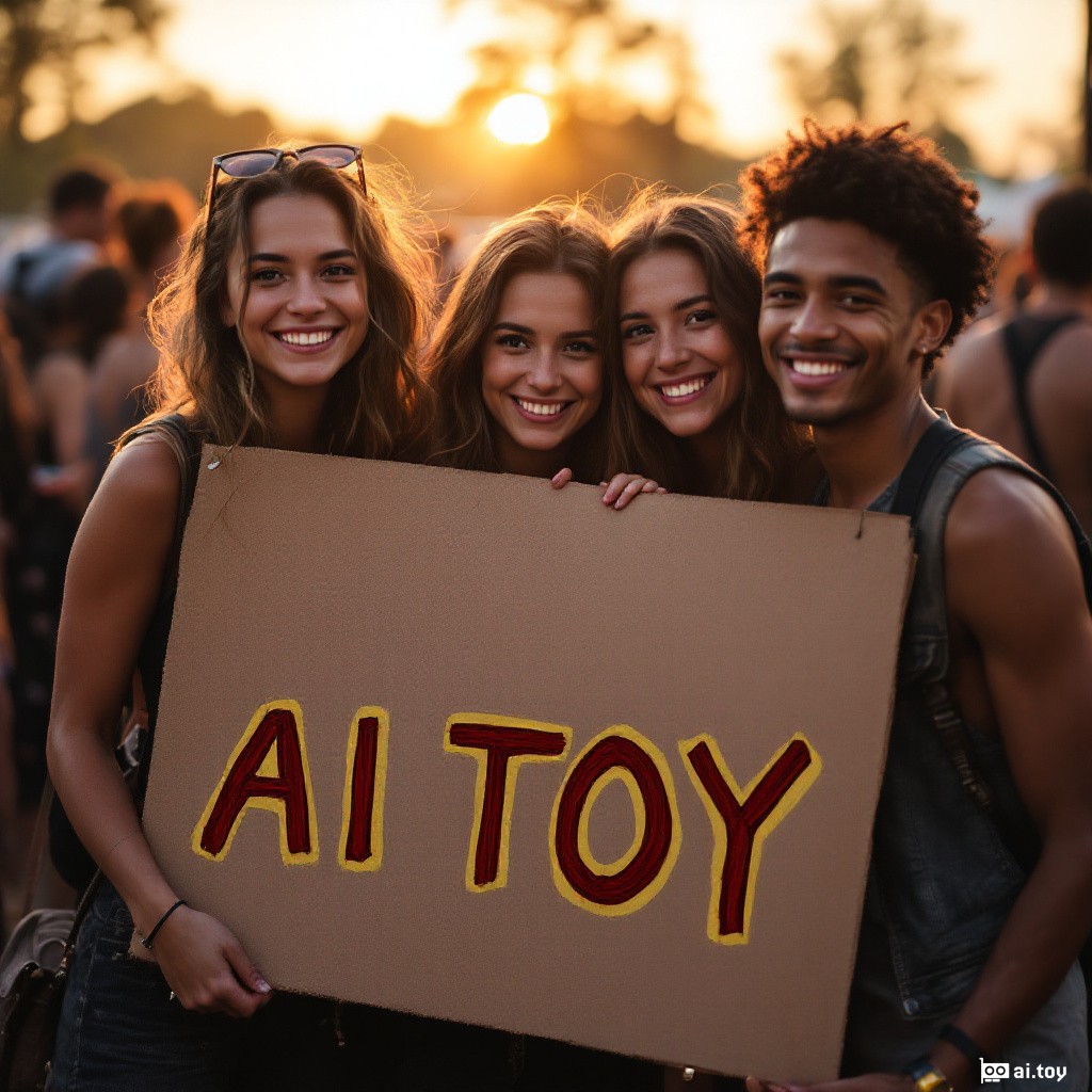 DSC09211.JPG a smiling group of friends holding a handmade "AI TOY" sign at a music festival during golden hour, casual candid photo