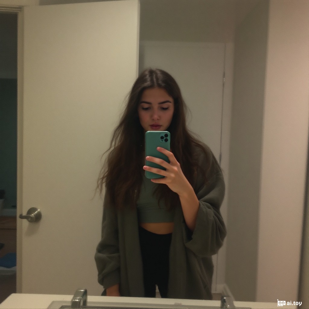 low quality phone photo, snapchat, grainy, a teenage woman taking a mirror selfie