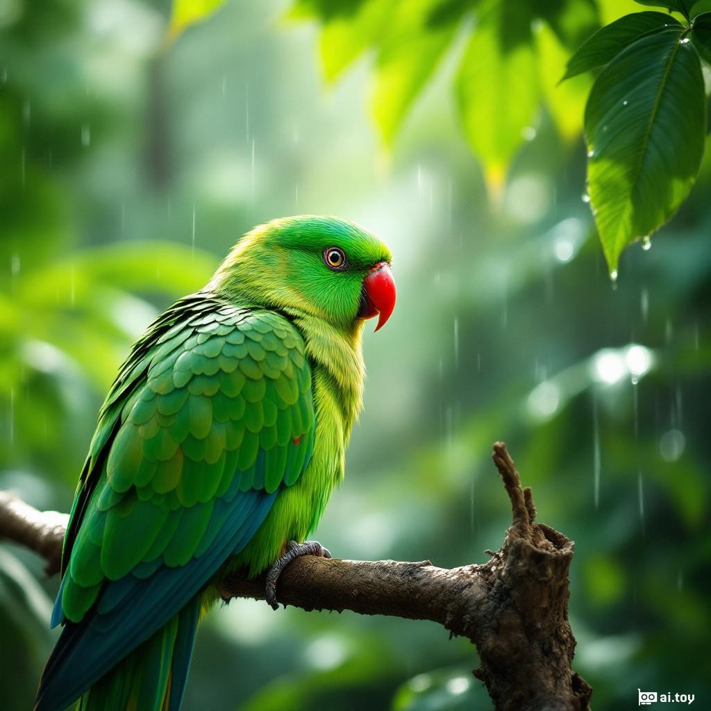 IMG_3456.CR2 a vibrant green parrot perched on a branch in a tropical rainforest, colorful feathers glistening in the sunlight, raindrops on nearby leaves