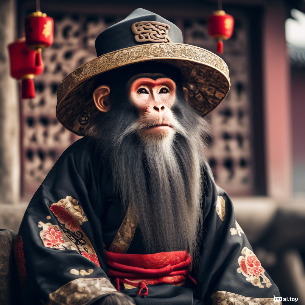 An old monkey, black hair, long beard and mustache, Chinese with traditional Chinese clothes and hat.