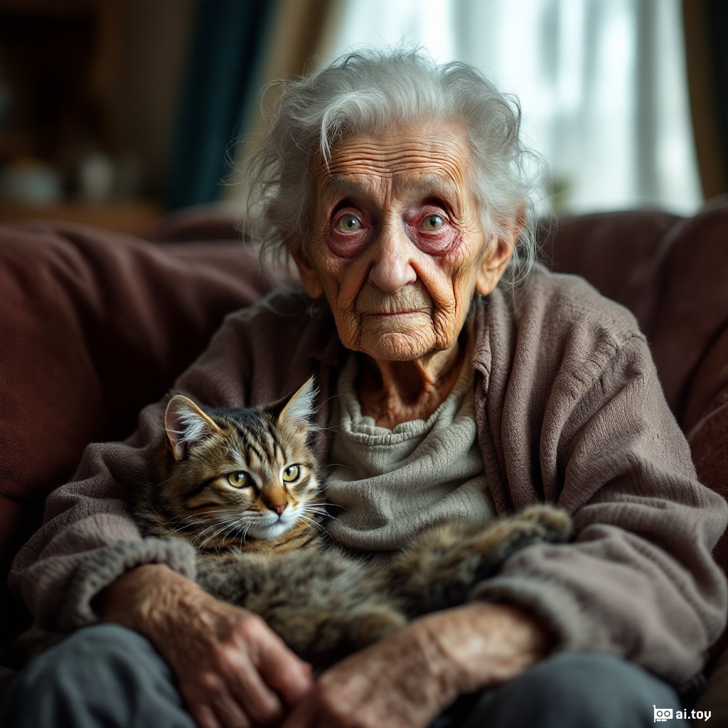 IMG_1025.HEIC a very old grannie with a very wrinkled face sitting on a sofa in a living room looking at the camera with a sad face. there is a cat on her lap that is also looking at the camera