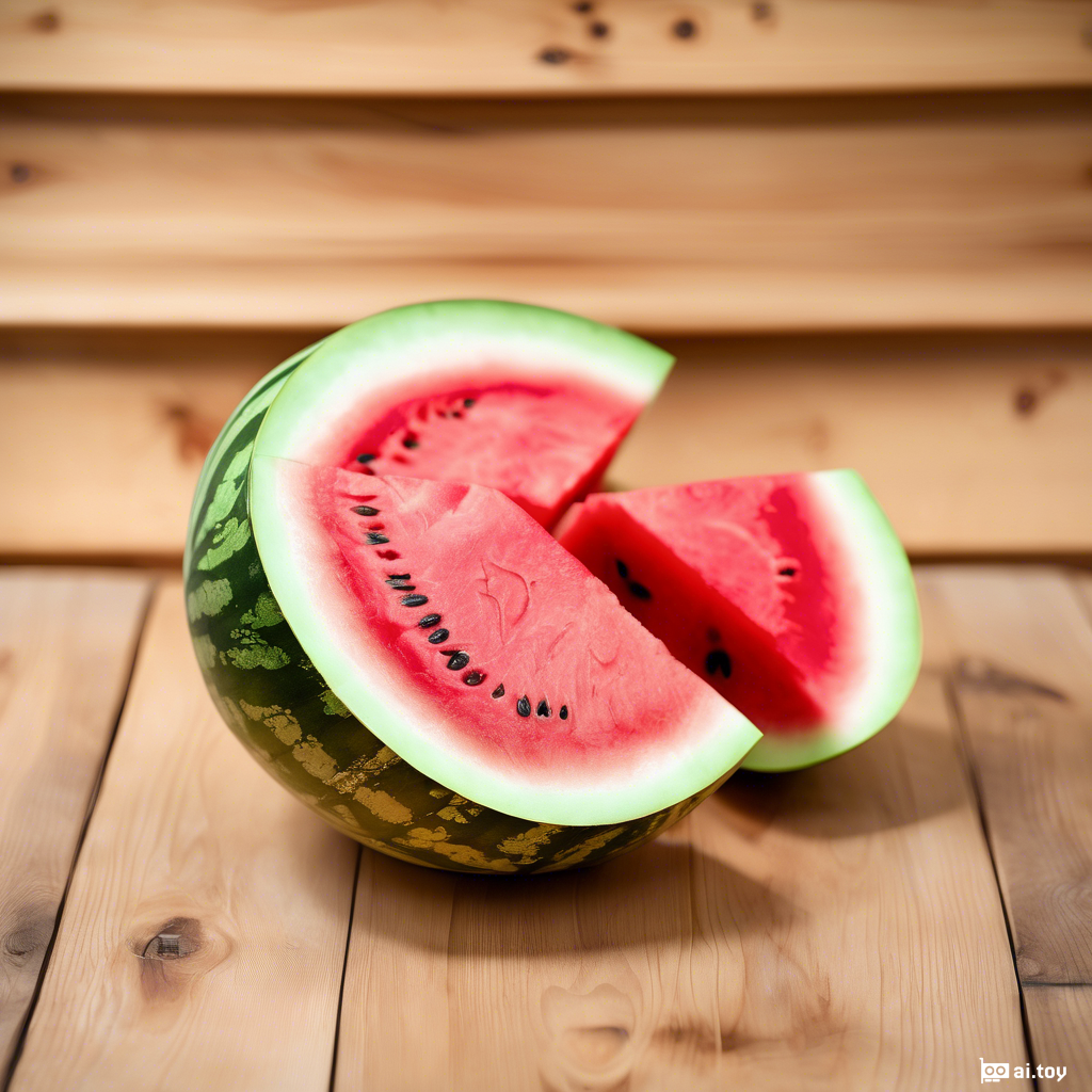 A watermelon cut in half on a wooden table