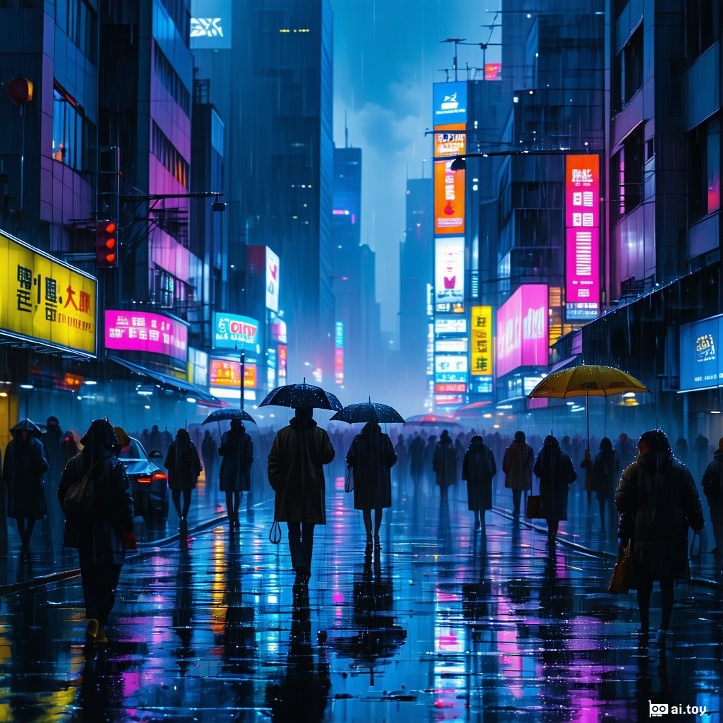 A realistic city street scene at night, heavy rain, neon signs reflecting on wet pavement, people with umbrellas walking hurriedly, cyberpunk atmosphere, cinematic wide-angle shot