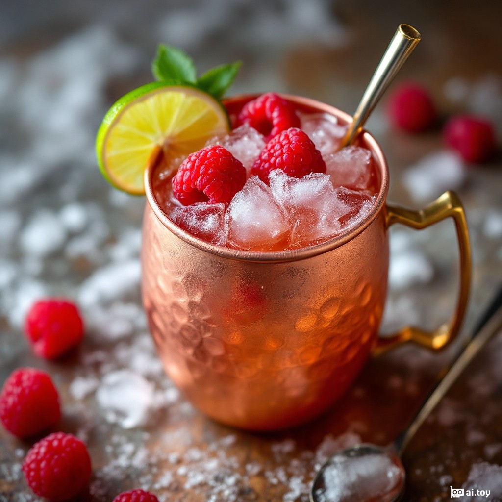 A high-quality DSLR camera, Canon R5 with a 50mm lens, captures the effervescent charm of a Raspberry Mule cocktail. The meticulously composed shot showcases a hammered copper mug, partially frosted from the chill, brimming with crushed ice that lends a frosty texture. Glistening within the ice are vibrant, plump fresh raspberries, their bright red hue popping against the rustic metallic tones. A delicate drizzle of sparkling ginger beer fills the mug to the perfect level, its bubbles rising to meet the surface. Subtle reflections of light on the bubbles add to the refreshing and fizzy appeal. The cocktail is garnished with precision: a thin, crescent-shaped lime wedge perches on the rim, and a small handful of raspberries crowns the drink, hinting at the drink’s fruity core. A stirrer lies within reach next to the mug, suggesting motion and inviting the viewer to mix the carefully layered ingredients. A subtle sheen of lime juice and simple syrup catches the light, evoking a sense of tart and sweet balance. The background is a soft blur, ensuring the attention remains on the vibrant cocktail, its colors appearing true to life with rich yet natural saturation. The image strikes a harmonious balance between sharpness and bokeh, highlighting the textures ranging from the raspberries’ delicate hairs to the intricate pattern of the mug. The setting evokes an ambience of a calm summer evening on a worn wooden table that tells stories of many social gatherings. The perspective is head-on at eye level, creating an inviting scene that places the viewer right at the moment of enjoyment. The lighting is bright and soft, reminiscent of a sunset glow that enhances the drink’s allure