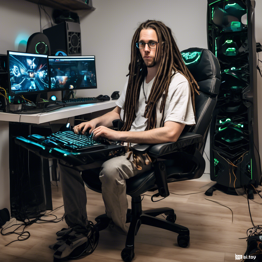 a white man with long dreadlocks sitting in a gaming chair and working on a computer
