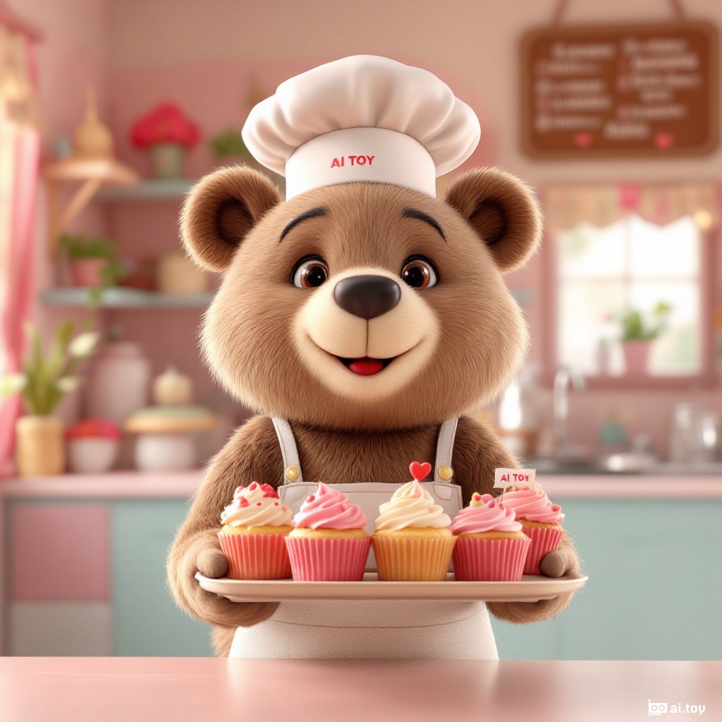 An adorable 3D animated bear wearing a chef hat and apron, proudly holding a tray of colorful cupcakes with an "AI TOY" tag on them, inside a cozy pastel-colored bakery. Soft diffuse lighting, wide-angle view, detailed frosting textures, whimsical Pixar animation feel, cheerful and heartwarming scene