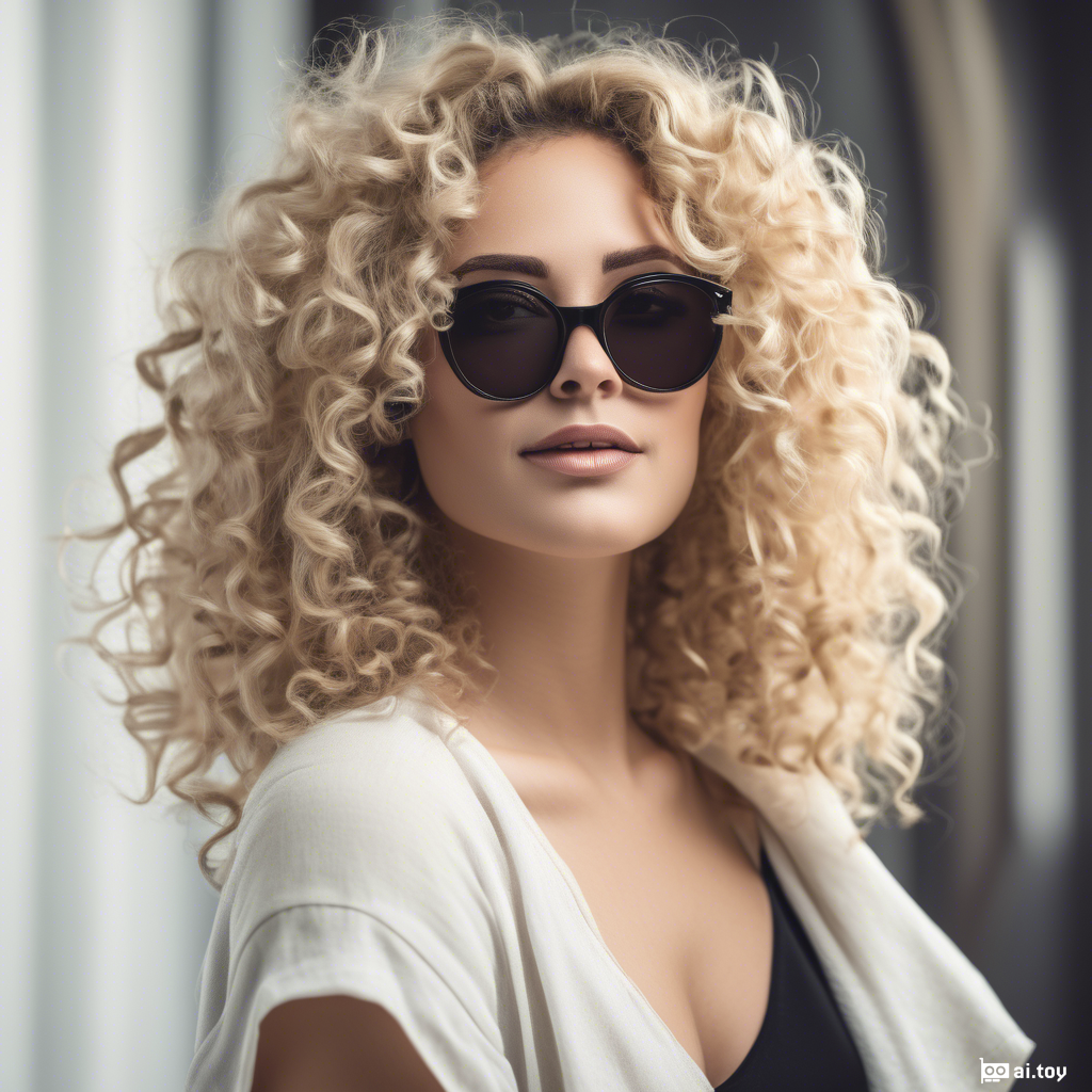 A beautiful woman with blonde curly hair wearing black glasses