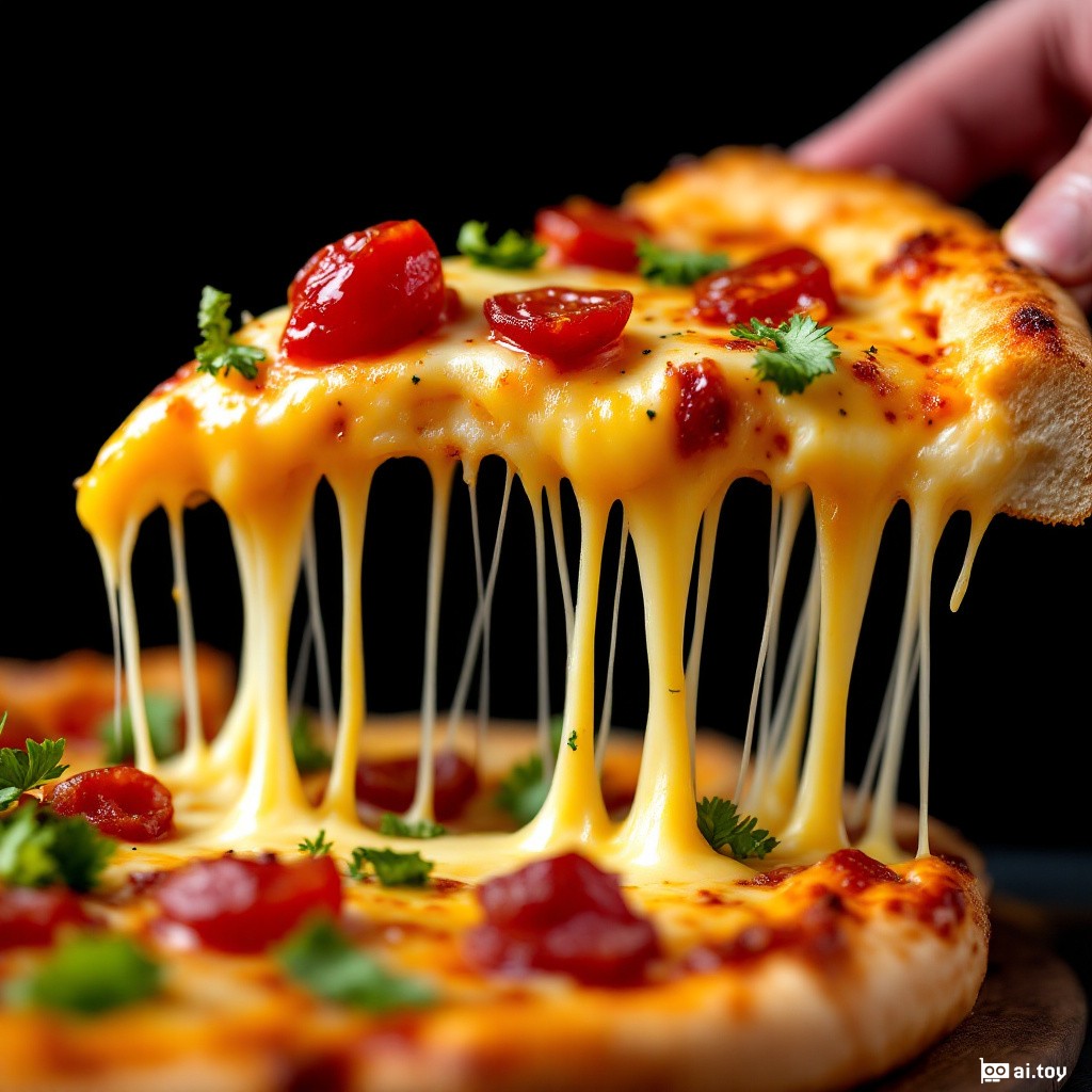 Food Photography, jam cheese pizza, macro shot, cheese pull of a slice, focus on the cheese and vibrant toppings, black plain background, studio lighting.