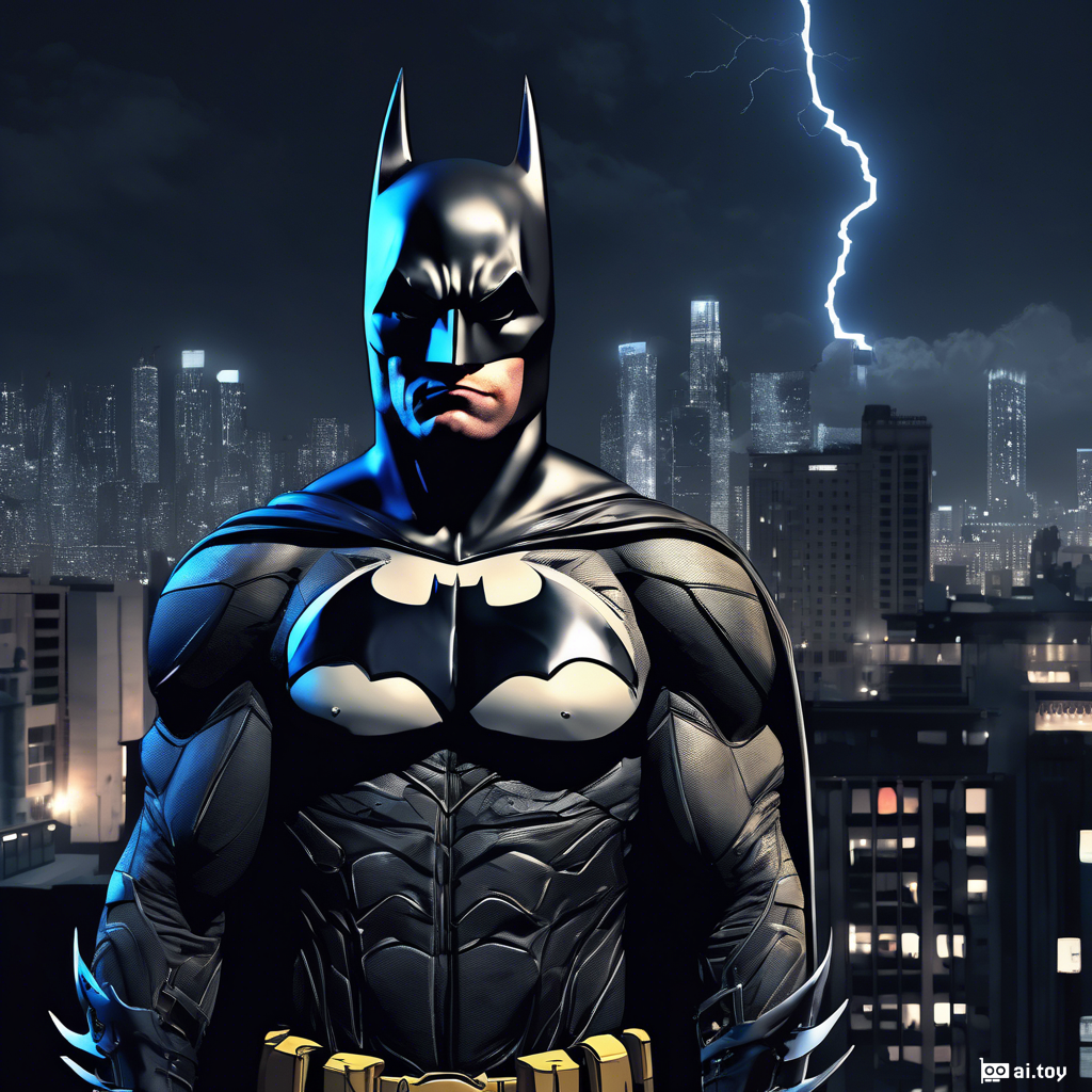 realistic upper body photo of batman seen from the front on top of a building looking at the camera in an urban night scene.