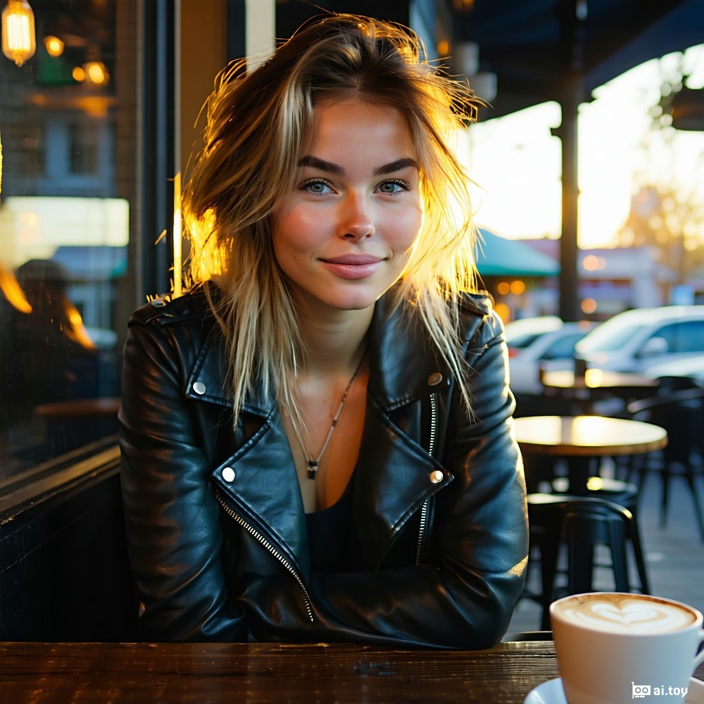 A photorealistic portrait of a young woman wearing a leather jacket, sitting at a coffee shop by a large window during golden hour, soft natural lighting, shallow depth of field, cinematic close-up shot