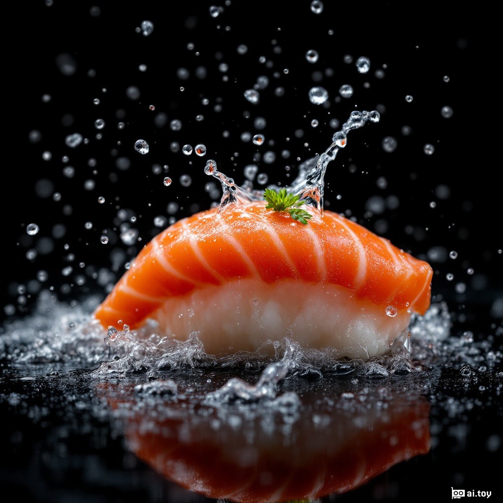 Food advert with dark background, splashing water droplets, — fine seafood sushi. The camera used is a Nikon D850, the lens is an AF-S NIKKOR 85mm f/1.4G with a resolution of 45.7 megapixels, an ISO sensitivity of 25,600, and a shutter speed of 1/8000 sec —style raw.