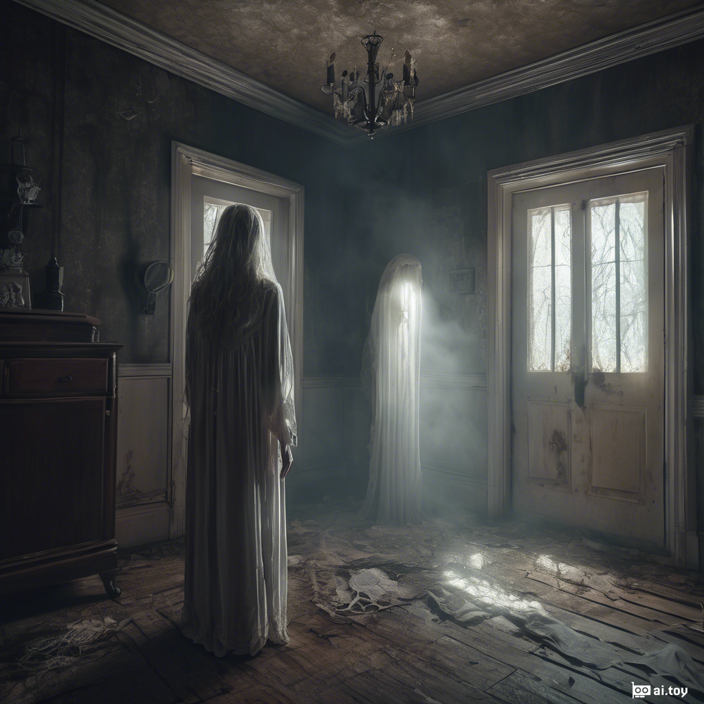 best quality, horror, still shot of a woman ghost in a haunted house, Hyperrealism, breathtaking, cinematic lighting, highly detailed, breathtaking, scary