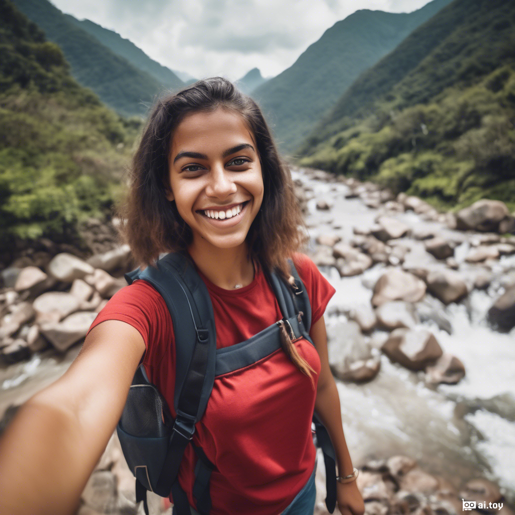 selfie of a brazilian girl, smiling, mountains, wearing a backpack, red top,  rocks, river, wood, analog style (look at viewer:1.2), DSLR