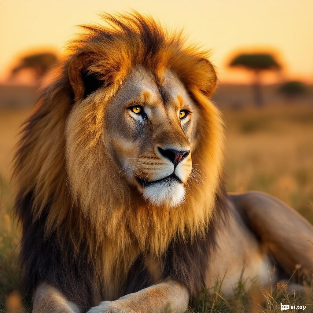 IMG_4521.JPG a majestic male lion with a golden mane resting on a grassy savanna during sunset, warm orange hues illuminating his face, distant acacia trees in the background, high detail of fur and eyes