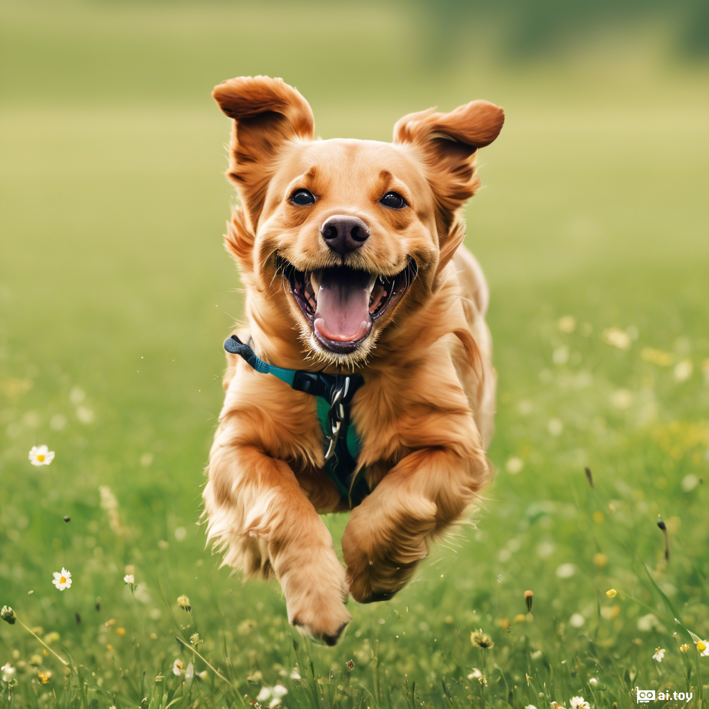 A happy dog running in a field
