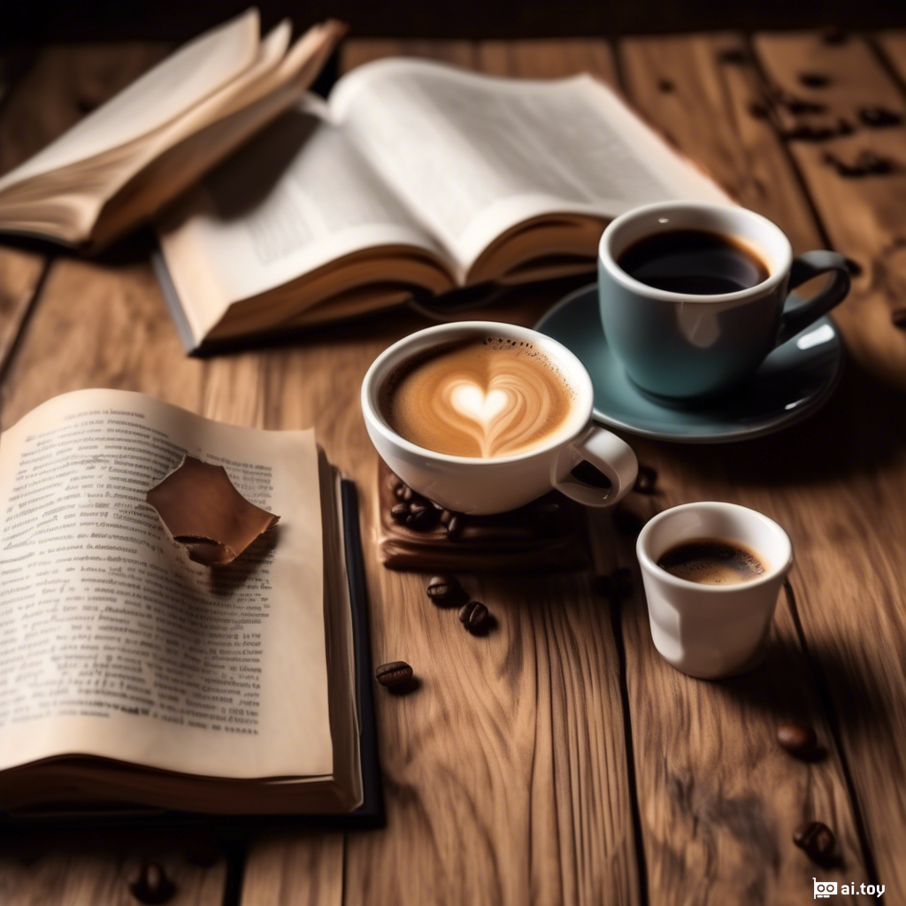 realistic photo of a cup of coffee next to a book on a wooden table