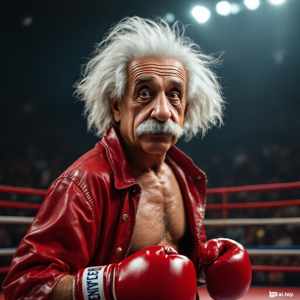 a photo realistic image showing albert einstein wearing rocky balboa boxing costume. albert einstein is in the middle of a boxing arena looking at the camera