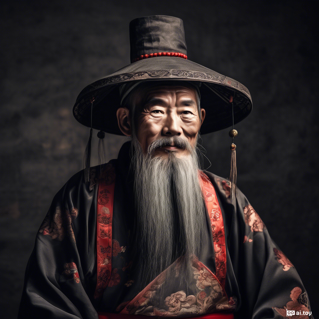 An old man, black hair, long beard and mustache, Chinese with traditional Chinese clothes and hat.
