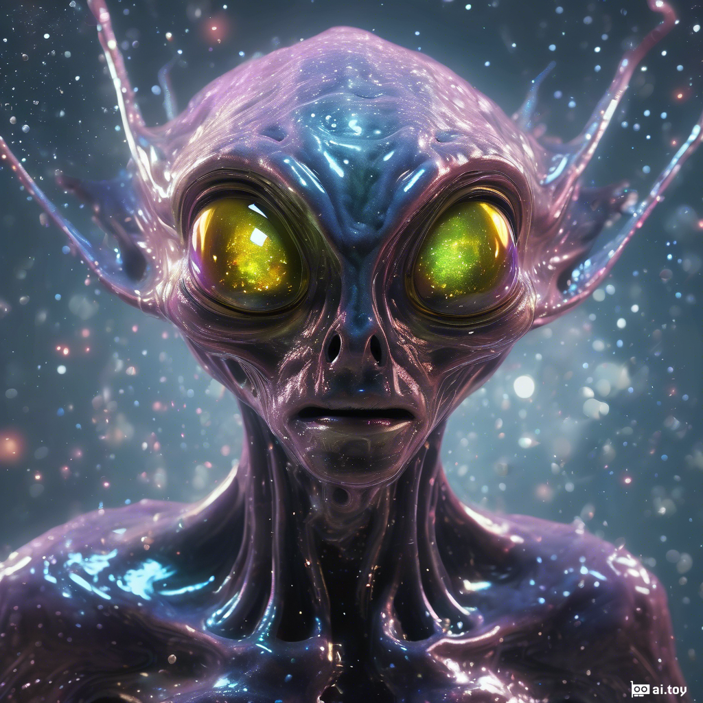 An sterotypical alien with glowing eyes  in the style of translucent liquid metal filled with swirling galaxies, ray tracing, raw character, 32k uhd, schlieren photography, conceptual portraiture, wet - on - wet blending