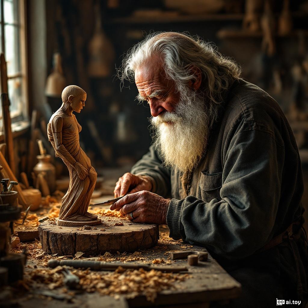 RAW_IMG_3420.CR2 an elderly man with a long white beard carving a wooden sculpture in his workshop, warm ambient light, detailed textures of wood shavings and tools