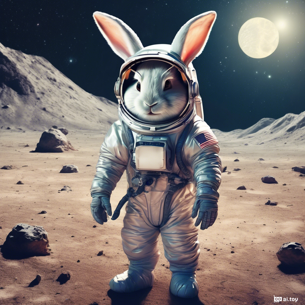 cute anthropomorphic rabbit in a spacesuit, moon surface on background