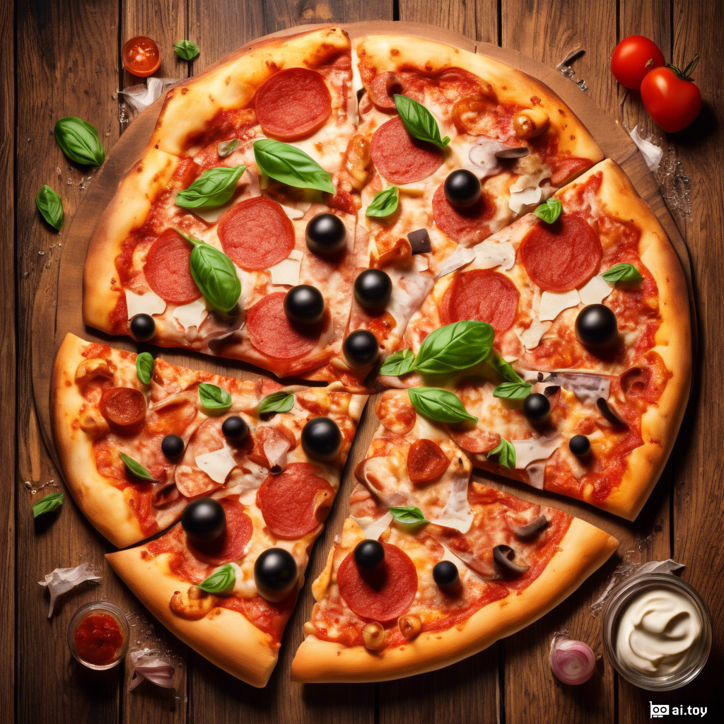 A delicious pizza on a wooden table