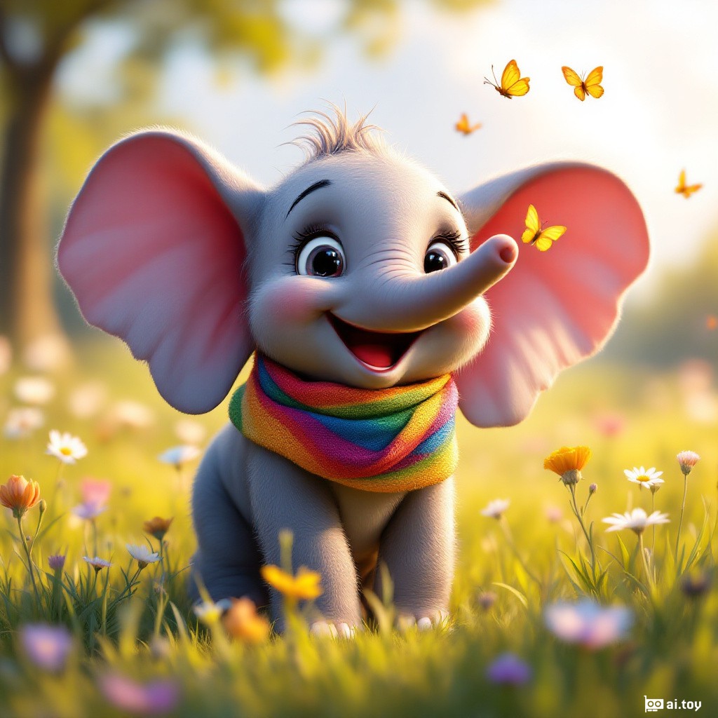 A joyful baby elephant wearing a colorful scarf, playing with butterflies in a sunny meadow, Disney Pixar animation style, soft lighting, vibrant colors, cute and heartwarming