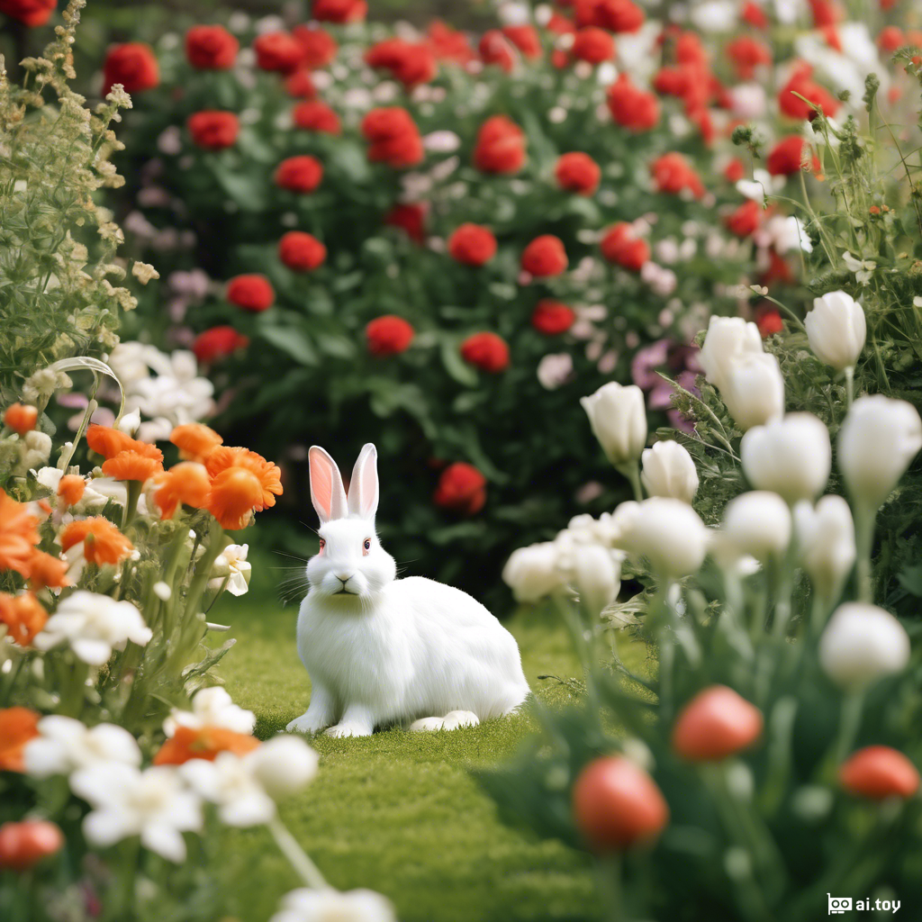 A white rabbit in a flower garden