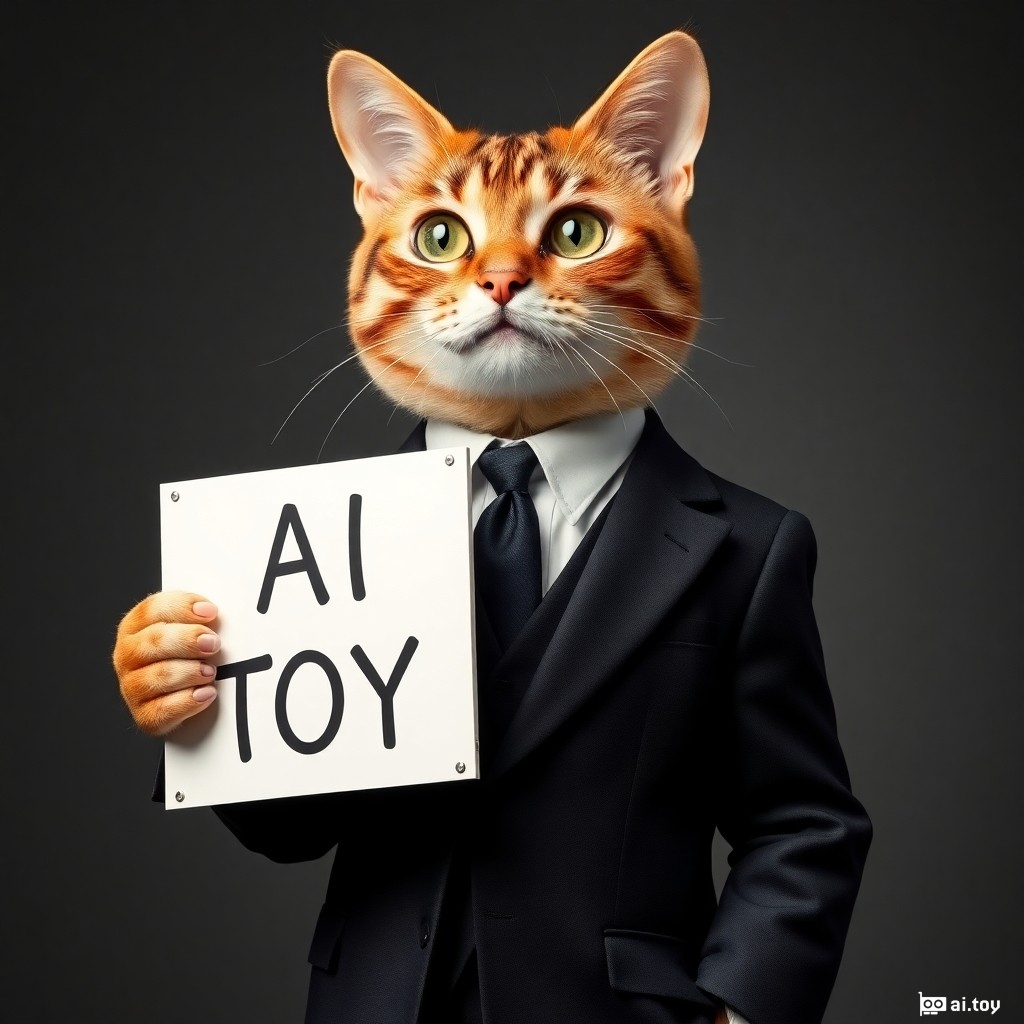 An anthropomorphic cat wearing a nice black and white suit holding a sign with a phrase that reads 'AI TOY'