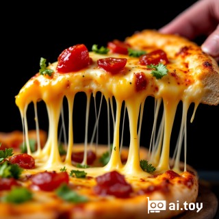 Food Photography, jam cheese pizza, macro shot, cheese pull of a slice, focus on the cheese and vibrant toppings, black plain background, studio lighting.
