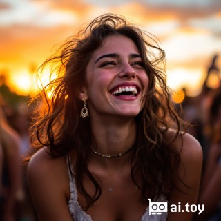 DSC09234.JPG a young woman laughing at an outdoor festival during sunset