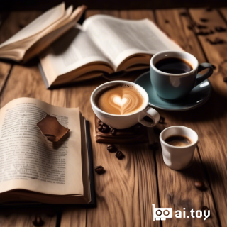 realistic photo of a cup of coffee next to a book on a wooden table