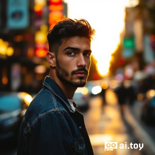 Ultra-realistic full-body photo of a young man with short black hair, stubble beard, casual denim jacket, standing on a busy city street at sunset, golden hour light, cinematic atmosphere, captured with a 35mm lens, sharp focus, dynamic background blur