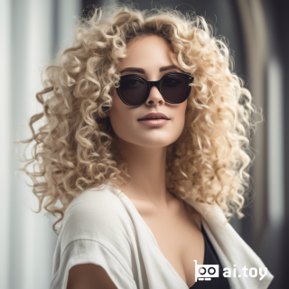 A beautiful woman with blonde curly hair wearing black glasses