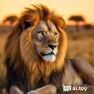 IMG_4521.JPG a majestic male lion with a golden mane resting on a grassy savanna during sunset, warm orange hues illuminating his face, distant acacia trees in the background, high detail of fur and eyes