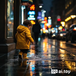 "DSC_8901.CR2 a child in rain boots and a yellow raincoat splashing through puddles on a city sidewalk, reflections of neon lights on wet pavement, candid street photography style"