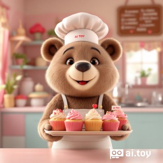An adorable 3D animated bear wearing a chef hat and apron, proudly holding a tray of colorful cupcakes with an "AI TOY" tag on them, inside a cozy pastel-colored bakery. Soft diffuse lighting, wide-angle view, detailed frosting textures, whimsical Pixar animation feel, cheerful and heartwarming scene