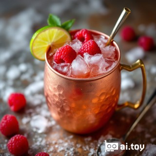 A high-quality DSLR camera, Canon R5 with a 50mm lens, captures the effervescent charm of a Raspberry Mule cocktail. The meticulously composed shot showcases a hammered copper mug, partially frosted from the chill, brimming with crushed ice that lends a frosty texture. Glistening within the ice are vibrant, plump fresh raspberries, their bright red hue popping against the rustic metallic tones. A delicate drizzle of sparkling ginger beer fills the mug to the perfect level, its bubbles rising to meet the surface. Subtle reflections of light on the bubbles add to the refreshing and fizzy appeal. The cocktail is garnished with precision: a thin, crescent-shaped lime wedge perches on the rim, and a small handful of raspberries crowns the drink, hinting at the drink’s fruity core. A stirrer lies within reach next to the mug, suggesting motion and inviting the viewer to mix the carefully layered ingredients. A subtle sheen of lime juice and simple syrup catches the light, evoking a sense of tart and sweet balance. The background is a soft blur, ensuring the attention remains on the vibrant cocktail, its colors appearing true to life with rich yet natural saturation. The image strikes a harmonious balance between sharpness and bokeh, highlighting the textures ranging from the raspberries’ delicate hairs to the intricate pattern of the mug. The setting evokes an ambience of a calm summer evening on a worn wooden table that tells stories of many social gatherings. The perspective is head-on at eye level, creating an inviting scene that places the viewer right at the moment of enjoyment. The lighting is bright and soft, reminiscent of a sunset glow that enhances the drink’s allure