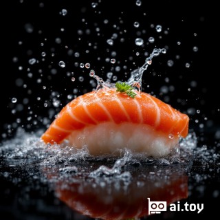 Food advert with dark background, splashing water droplets, — fine seafood sushi. The camera used is a Nikon D850, the lens is an AF-S NIKKOR 85mm f/1.4G with a resolution of 45.7 megapixels, an ISO sensitivity of 25,600, and a shutter speed of 1/8000 sec —style raw.