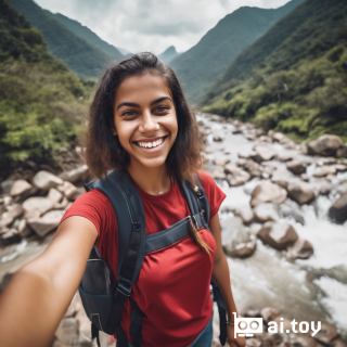 selfie of a brazilian girl, smiling, mountains, wearing a backpack, red top,  rocks, river, wood, analog style (look at viewer:1.2), DSLR